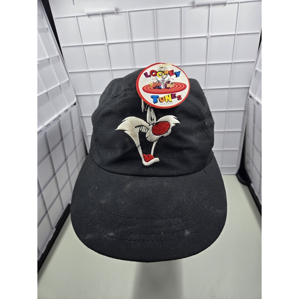 Vintage LOONEY TUNES Sylvester CAT Hat Cap Elastic Back 5 Panel Black
